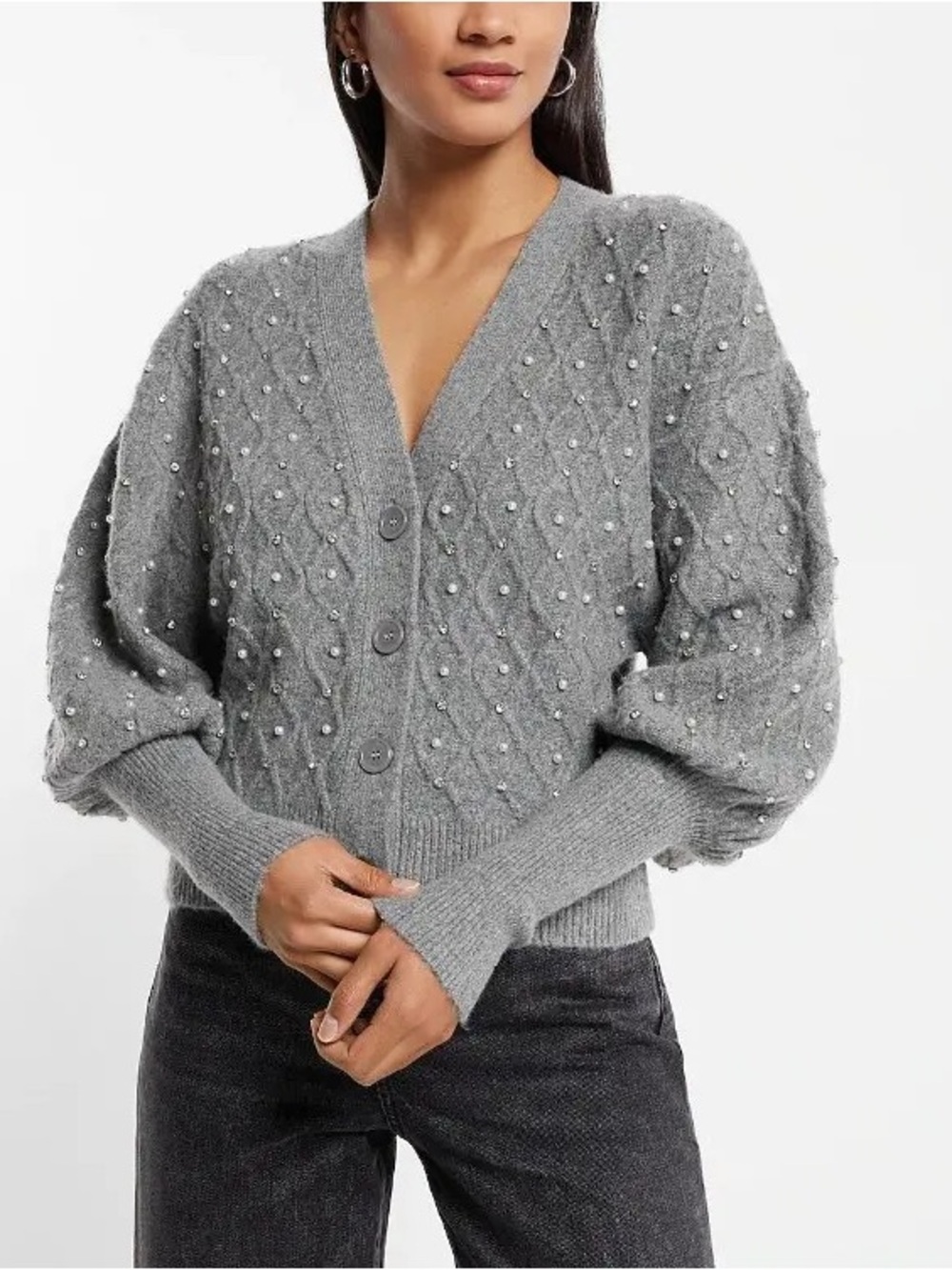 Express Pearl Rhinestone Embellished Knit Cardigan